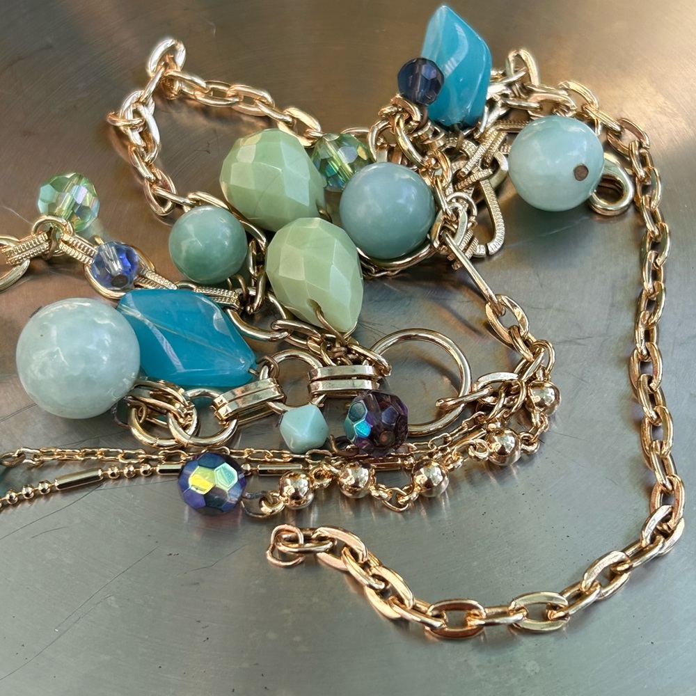 Pretty jeweled, necklace, gold aqua, blue, and purple